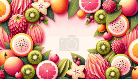 Foto de Frutas exóticas como el kiwi, la fruta de la estrella y el lichi están ingeniosamente dispuestas para formar un marco distintivo. Sus colores vivos contrastan maravillosamente con el fondo suave, y la porción media se deja desocupada para el espacio de la copia - Imagen libre de derechos