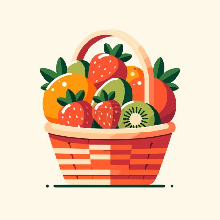 Illustration for Minimalist flat vector illustration depicting a sizable basket, overflowing with a selection of bright fruits. Oranges with a brilliant orange hue, strawberries radiating a deep red, and kiwis with a fresh green shade fill the basket - Royalty Free Image