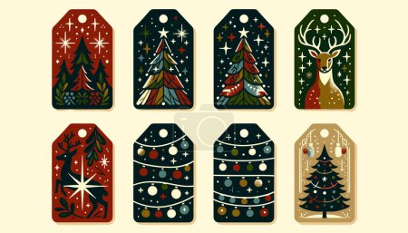 Ilustración de Un conjunto de cuatro etiquetas de regalo de Navidad vintage de colores, espaciadas distintivamente aparte. - Imagen libre de derechos