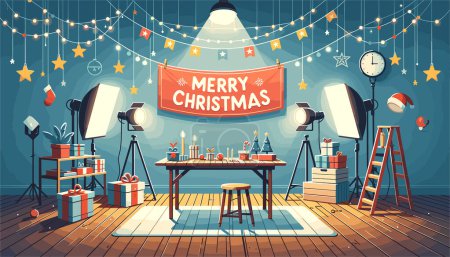 Illustration for A bright 'Merry Christmas' banner stretches across the top. The table, suitable for product display, is decorated with Christmas ornaments, stars, and fairy lights. The overall mood is warm and inviting. - Royalty Free Image