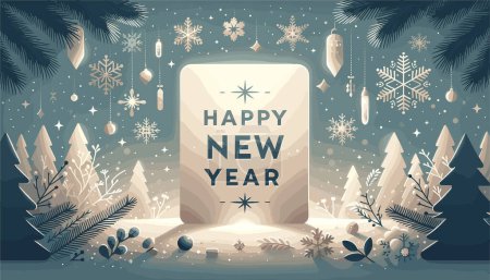 Foto de Una tarjeta de 'Feliz Año Nuevo' colocada sobre un telón de fondo de invierno. - Imagen libre de derechos