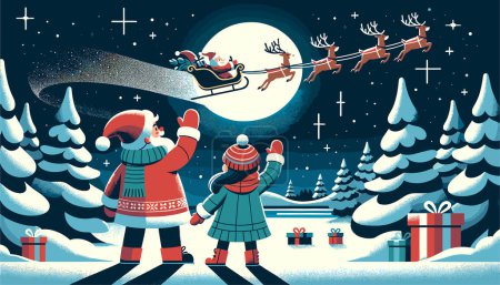 Foto de Dos niños, vestidos con ropa cálida de invierno, saludan con alegría hacia el horizonte. Volar por encima es Santa Claus en su icónico trineo, llevando una plétora de regalos, con renos liderando el camino. - Imagen libre de derechos