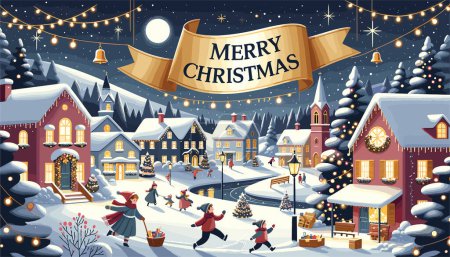 A snowy village scene is painted with children playing, houses adorned with lights, and a church bell ringing in the distance. A golden banner stretches across, bearing the message 'Merry Christmas', creating a heartwarming holiday sentiment.