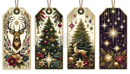 Illustration for Christmas gift tags. The tags are decorated with hand-drawn motifs: a verdant Christmas tree with red baubles, a deer in rich browns with golden antlers, a cluster of gleaming stars in metallic hues, and a string of vibrant holiday - Royalty Free Image
