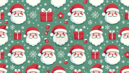 Téléchargez les illustrations : Beau dessin animé Santas sont entrecoupés de boîtes-cadeaux rouges et délicats flocons de neige. Les Santas ont une apparence joyeuse, ce qui rend ce design parfait pour le papier d'emballage de voeux des fêtes d'hiver - en licence libre de droit