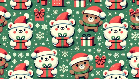 Foto de Los osos de dibujos animados con expresiones alegres usan sombreros de Santa Claus y están emparejados con cajas de regalo rojas. Papel de regalo de temporada navideña. - Imagen libre de derechos
