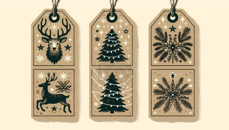 Ilustración de Etiquetas de regalo de Navidad. La primera etiqueta presenta un hermoso árbol de Navidad dibujado a mano, la segunda muestra un majestuoso ciervo, la tercera está adornada con estrellas centelleantes, y la cuarta tiene una cadena de luces brillantes - Imagen libre de derechos