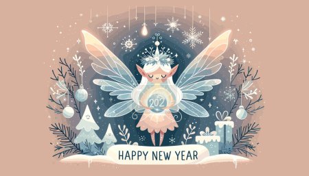 Foto de Una criatura mágica, que recuerda a un hada de invierno, sosteniendo una brillante tarjeta de "Feliz Año Nuevo". - Imagen libre de derechos