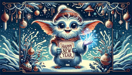 Foto de Un elfo de invierno, agarrando una tarjeta de "Feliz Año Nuevo" que brilla con magia. El telón de fondo es un país de las maravillas de invierno adornado con decoraciones festivas como campanas, cintas y patrones de heladas.. - Imagen libre de derechos