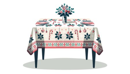 Téléchargez les illustrations : La table est élégamment recouverte d'une nappe portant des motifs festifs comme des cannes à bonbons, des ornements et du gui. - en licence libre de droit
