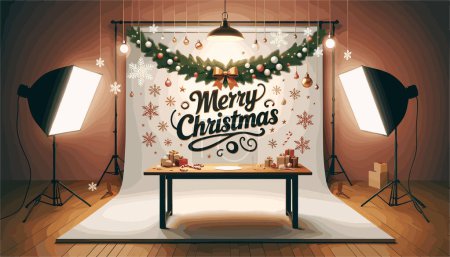Illustration for A 'Merry Christmas' banner is the centerpiece, suspended gracefully above the table. The table surface, prepared for product placement, is surrounded by festive elements like tinsel, snowflakes, and candy canes - Royalty Free Image