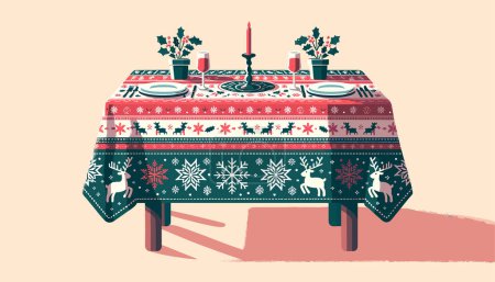 Téléchargez les illustrations : La table est couverte d'une nappe de Noël festive ornée de motifs de flocons de neige, de rennes et de houx. La surface de la table est maintenue claire et vide, créant suffisamment d'espace pour le placement du produit. - en licence libre de droit