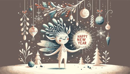 Foto de Una criatura caprichosa, asemejándose a un sprite de nieve, presenta una tarjeta radiante 'Feliz Año Nuevo'. - Imagen libre de derechos