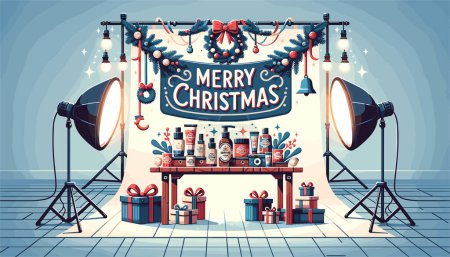Téléchargez les illustrations : Une bannière "Joyeux Noël" est la pièce maîtresse, suspendue gracieusement au-dessus de la table. - en licence libre de droit