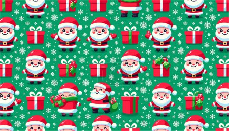 Illustration for Adorable cartoon Santas, with their signature red suits and hats, are positioned alongside vibrant red boxes. - Royalty Free Image