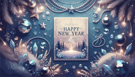 Téléchargez les illustrations : Une carte "Bonne année" qui brille d'enchantement. La scène est dressée contre des embellissements hivernaux comme des étoiles scintillantes, des guirlandes drapées et des cristaux de glace, ajoutant une touche de magie aux festivités du Nouvel An sans la présence de créatures. - en licence libre de droit