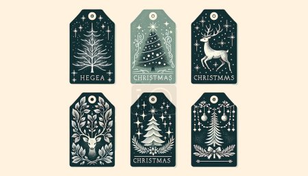 Illustration for Vintage Christmas gift tags. Each tag is hand-drawn and detailed: one with a traditional Christmas tree, another with a serene deer, a third with shimmering stars, and the last with a garland of lights. - Royalty Free Image