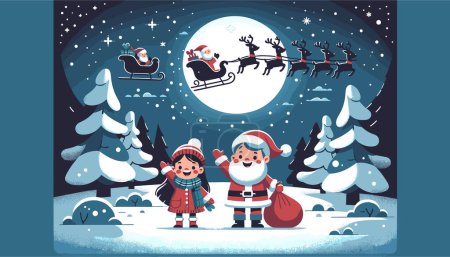 Ilustración de Dos niños, un niño y una niña, de pie en primer plano, saludando con entusiasmo al cielo. Por encima de ellos, Santa Claus viaja en su trineo, conducido por renos, con un saco lleno de regalos. - Imagen libre de derechos