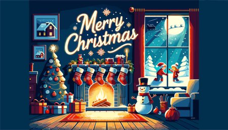 Illustration for A cozy fireplace with stockings hung is illuminated with soft light. Beside it, a window reveals a winter scene with children building a snowman. - Royalty Free Image