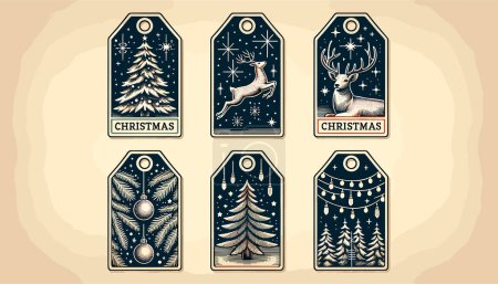 Ilustración de Etiquetas de regalo de Navidad. Las etiquetas se dibujan a mano con detalles intrincados - Imagen libre de derechos