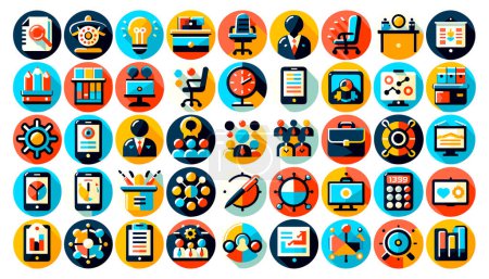 Illustration for In a flat vector style, a compilation of 40 round, bright web icons related to the corporate world is depicted. - Royalty Free Image