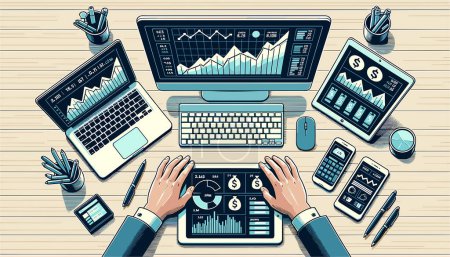 Illustration for In a 16:9 flat vector style, an overhead perspective of a business desk is presented. Several screens, from computers and tablets, show money graphs and investment analyses. - Royalty Free Image