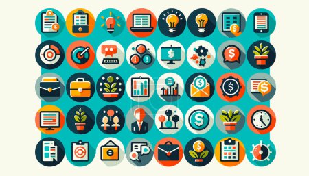 Illustration for 16:9 flat vector design showcasing 40 vibrant, round web icons specifically for online use, focusing on office and business themes. - Royalty Free Image