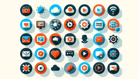 Illustration for 16:9 flat vector design on a pristine white backdrop, presenting 40 vibrant, round web icons intended for online applications. - Royalty Free Image