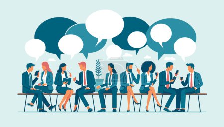 Illustration for A group of businesspeople, representing diverse genders and descents, are engrossed in conversations. Speech bubbles hover above each of them, denoting the essence of their dialogues and fostering a sense of teamwork and collaboration. - Royalty Free Image