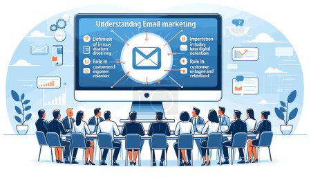 Illustration for The slide is titled 'Understanding Email Marketing'. It features business professionals gathered around a large computer monitor displaying an email icon, with key points listed: 'Definition of Email Marketing' - Royalty Free Image