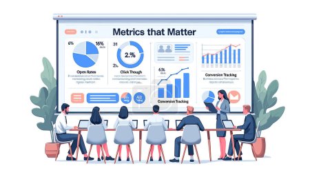 Illustration for It displays business analysts reviewing charts and graphs related to email performance - Royalty Free Image