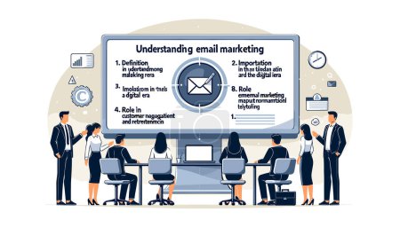 Foto de La diapositiva se titula 'Comprensión del Email Marketing'. Cuenta con profesionales de negocios reunidos alrededor de un gran monitor de computadora que muestra un icono de correo electrónico - Imagen libre de derechos