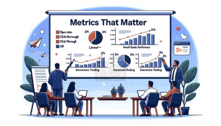 Illustration for The slide is titled 'Metrics that Matter'. It displays business analysts reviewing charts and graphs related to email performance - Royalty Free Image