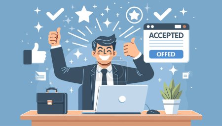 Illustration for A businessman is seen rejoicing after securing an online deal for his company. - Royalty Free Image
