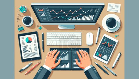 Illustration for A pair of hands are interacting with a computer and a tablet, both of which have financial graphs and investment reports on their screens. - Royalty Free Image