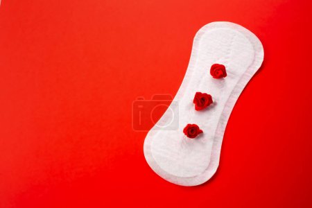 Feminine hygiene pad with red flowers on pink background. First menstrual period concept, menstruation cycle period.