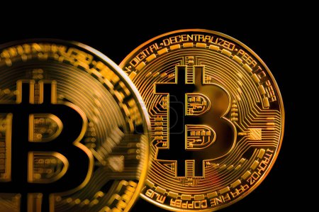 Photo for Bitcoin Crypto currency Gold Bitcoin BTC Bit Coin close up of Bitcoin coins isolated on black background Blockchain technology, bitcoin mining concept. - Royalty Free Image