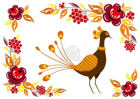 Ilustración de Estilo de pintura popular ucraniana. Pájaro, hojas, flores y Rowan, viburnum. Colores otoñales - Imagen libre de derechos