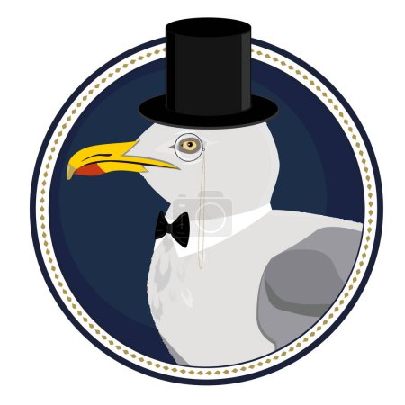 Illustration for Aristocratic seagull in a top hat, with a monocle, with a collar and a bow tie. portrait closed in dark blue circle - Royalty Free Image