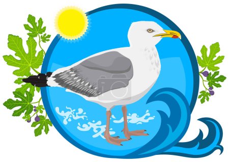 Illustration for Illustration of the seagull placed inside the circle with stylized waves, sun and fig branches on the background - Royalty Free Image
