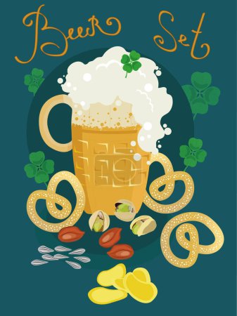 Illustration for Glass of cold foamy beer with snacks and nuts, decorated with clover leaves - Royalty Free Image