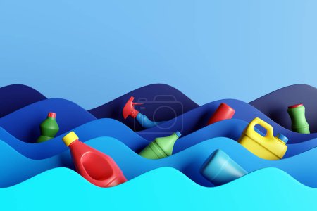 Verschiedene Arten von bunten Plastikflaschen und Waschmittelbehältern, die in Papierschneidewellen schwimmen. Illustration des Konzepts der Plastikverschmutzung im Meer und der Säuberung der Ozeane