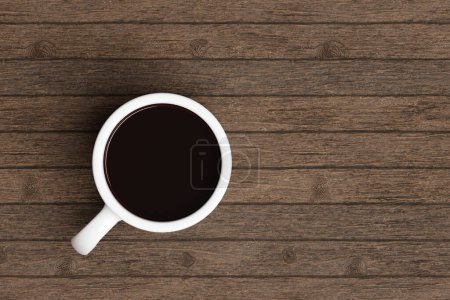Photo for Black coffee in a white mug on a wooden table. Illustration of the concept of morning, relaxation and as a background for website templates and slide show presentations - Royalty Free Image