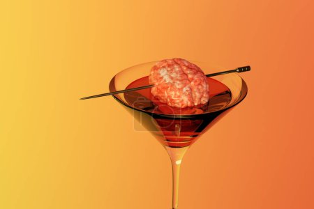 Roter Cocktail garniert mit einem realistischen menschlichen Gehirn auf einem silbernen Metallpickel auf orangefarbenem Hintergrund. Illustration des Konzepts des Fahrens unter Einfluss (DUI) und Halloween