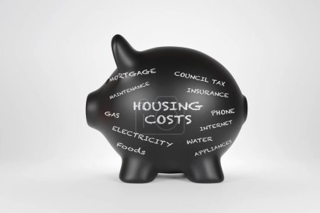 Black piggy bank written with the words HOUSING COSTS and other related expenses by white chalk. Illustration of the concept of real estate running costs