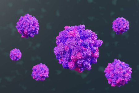 Vor dunklem Hintergrund bilden violette und magentafarbene Moleküle die Form eines Norovirus. Illustration des Konzepts von Wintererbrechen und Virusübertragung