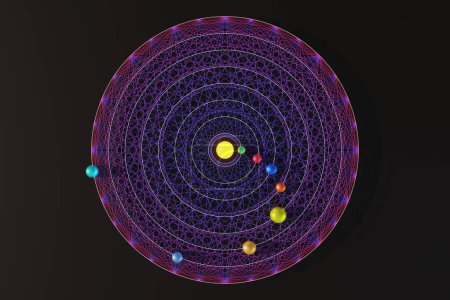 Téléchargez les photos : Huit sphères métalliques colorées et des cercles blancs sur l'art de la ligne violette circulaire dans le fond sombre. Illustration du concept de planètes en orbite dans le système solaire - en image libre de droit