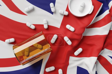 Weiße Pillen aus einer orangefarbenen Flasche, die auf der britischen Nationalflagge verstreut ist. Illustration des Konzepts der britischen Pharmaindustrie, der Arzneimittelvorschriften und des Drogenmissbrauchs