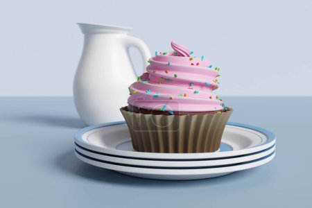 Pink cupcake on a stack of white ceramic plates with a white milk jar in the pale blue background. Illustration of the concept of indulgence desserts and sweet foods, and obesity