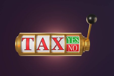Golden casino slot machine with a pull handle showing the word TAX and an option of YES and NO in purple background. Illustration of the concept of taxable items, taxation and tax policies